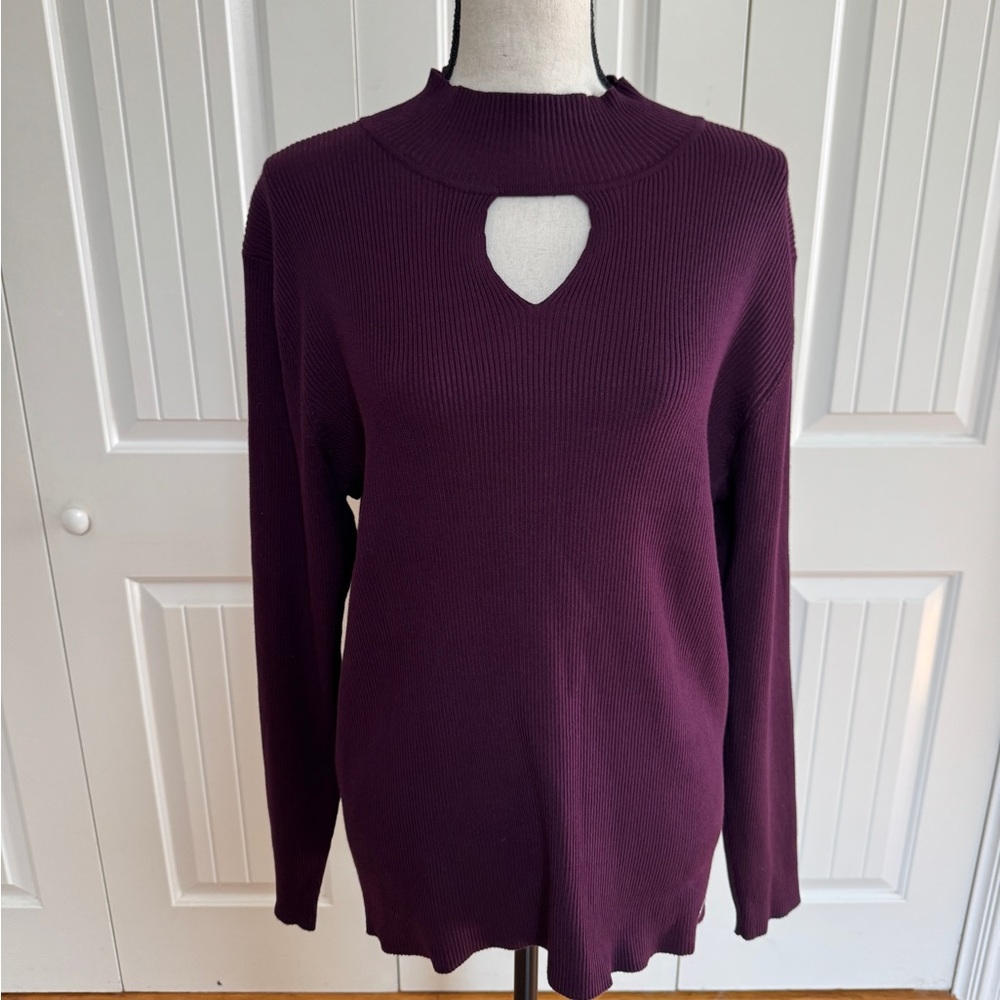 🌟NWT Calvin Klein Dark Purple Ribbed Mock Neck Keyhole Sweater XL - Picture 12 of 15